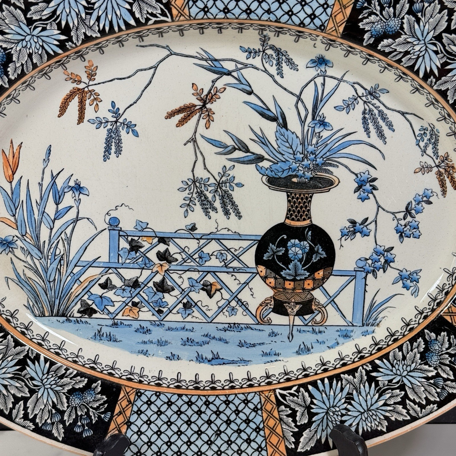 Antique Copeland Spode Transferware KEW Oval Platter 15″ Aesthetic Movement Blue
