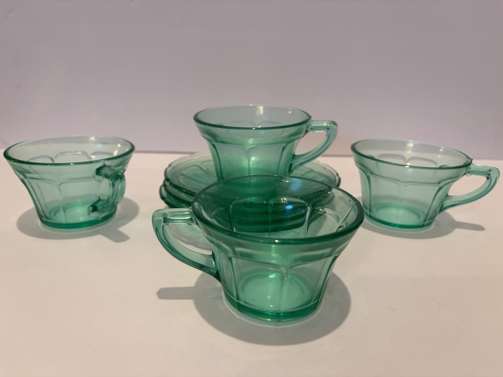 Set of 4 Vintage Diamond Glass Co. Victory Green Uranium Glass Cups & Saucers