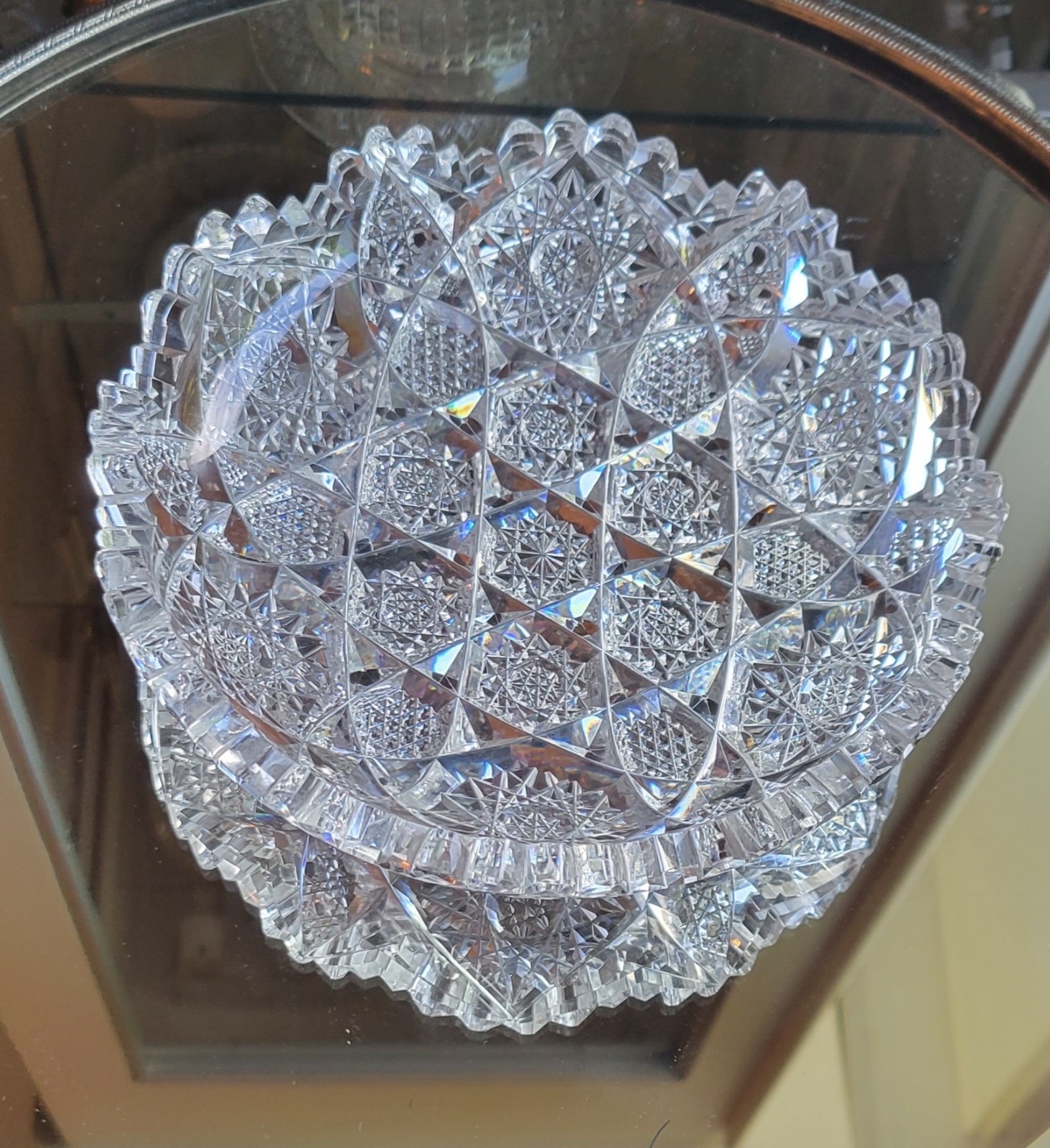 American Brilliant Cut Glass Crystal Intricate Hobstar cluster pattern 6″ Dish