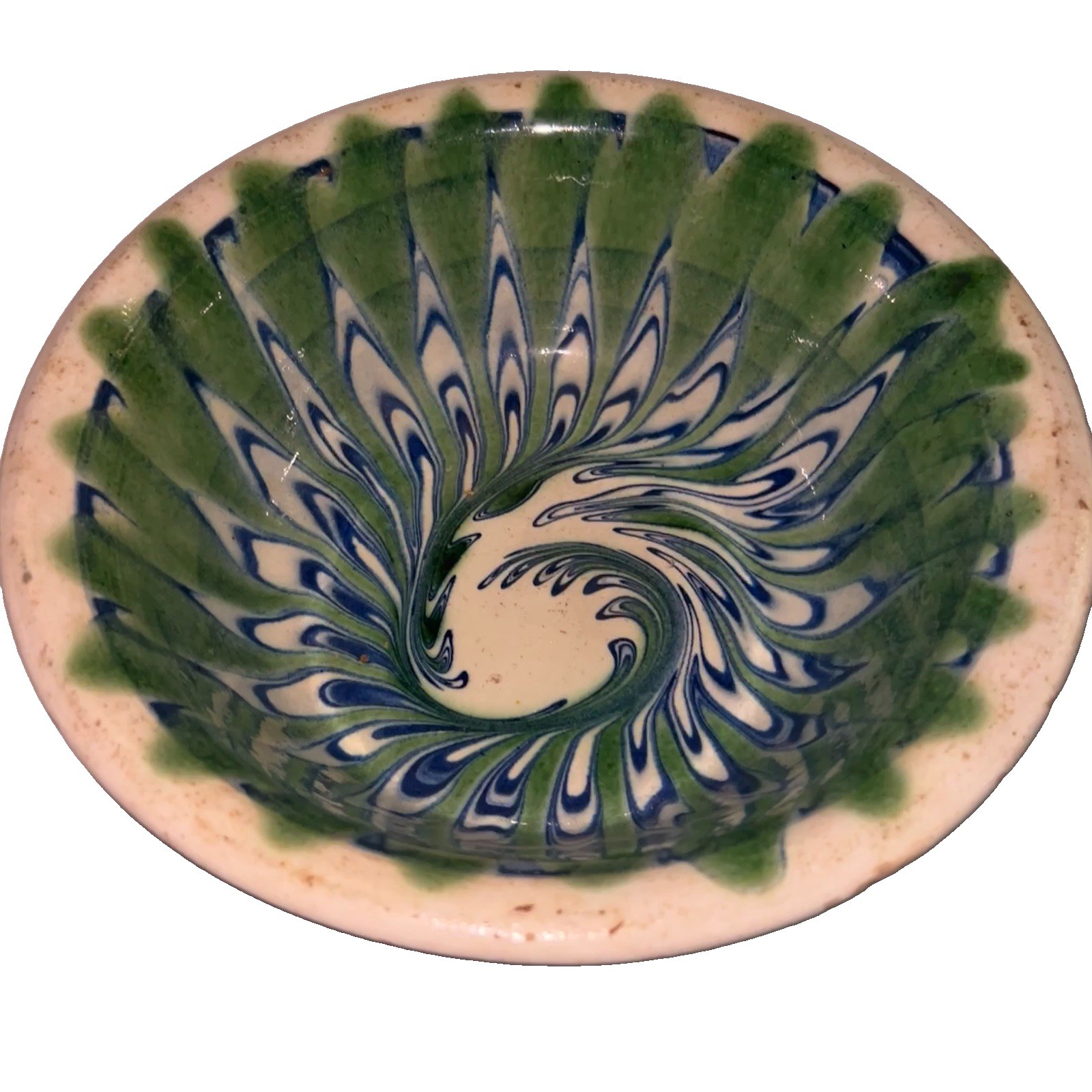 MCM Folk Art Serving Bowl peacock slip trail glaze green and blue swirl mofit