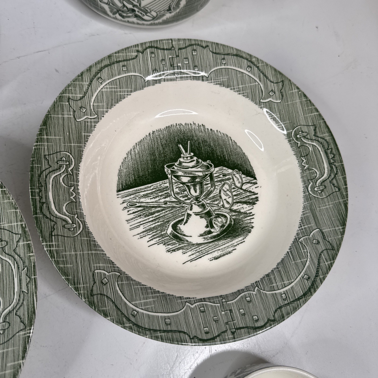65 Pc Old Curiosity Shop Transferware Plates Bowls Cups Creamer Sugar Tea Kettle