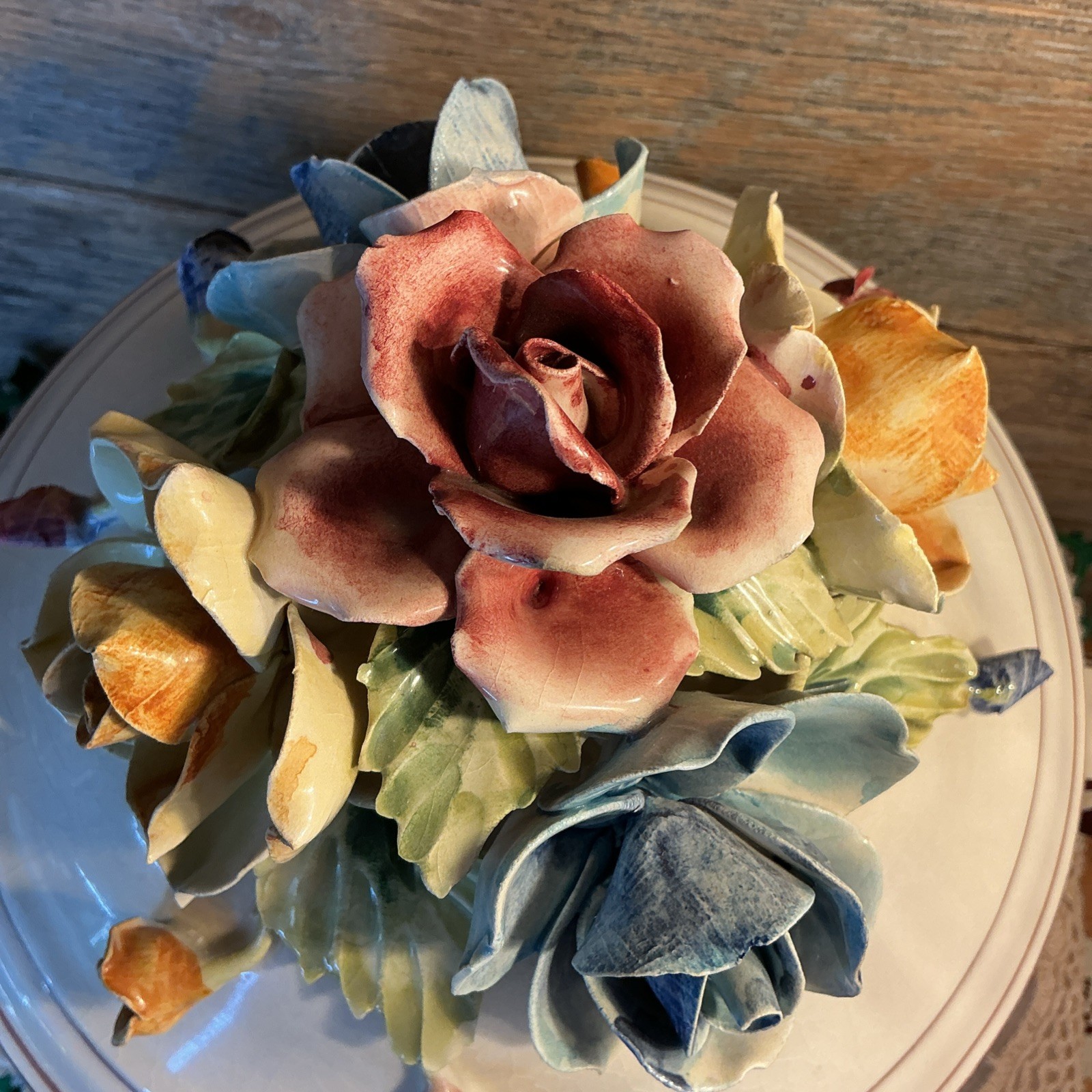 Vintage Italian Ceramic Centerpiece Bowl Capodimonte Style Floral 12” Crown N