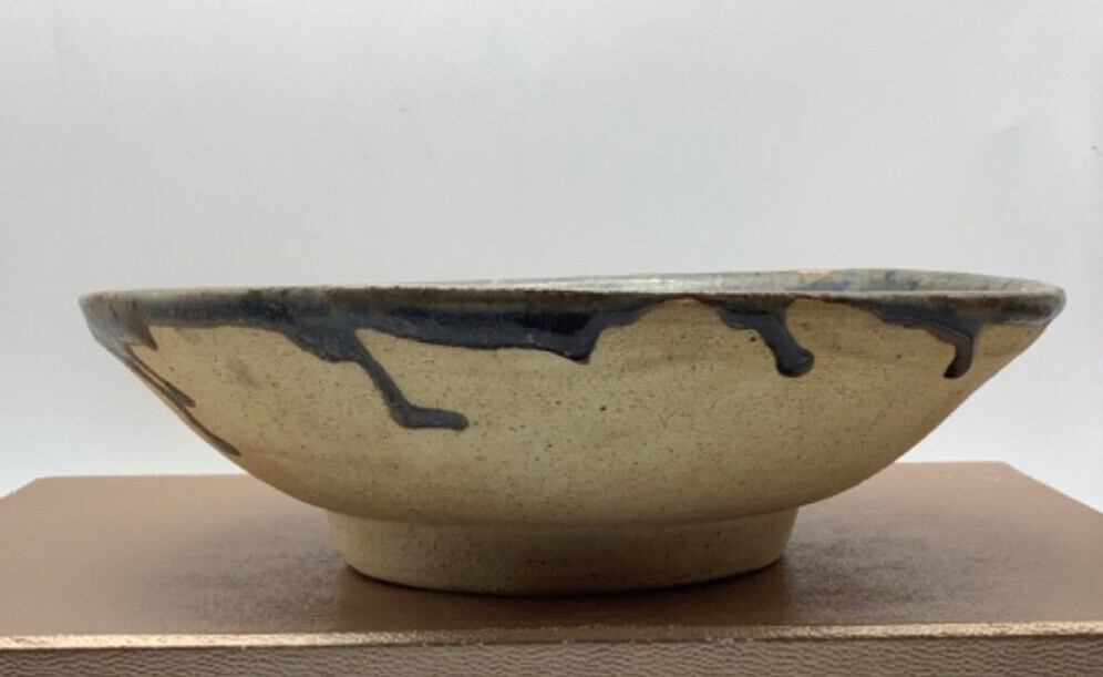 Art Pottery Stoneware Bowl Drip Glaze Blue Grey Tan, Vintage, 8.25” x 2.5”