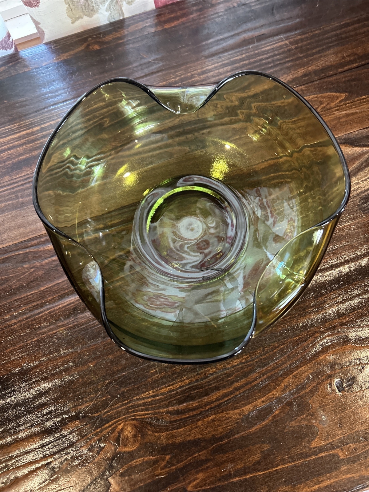Vintage Anchor Hocking Glass Green Bowl Folded Pinched Sides Dish 9″