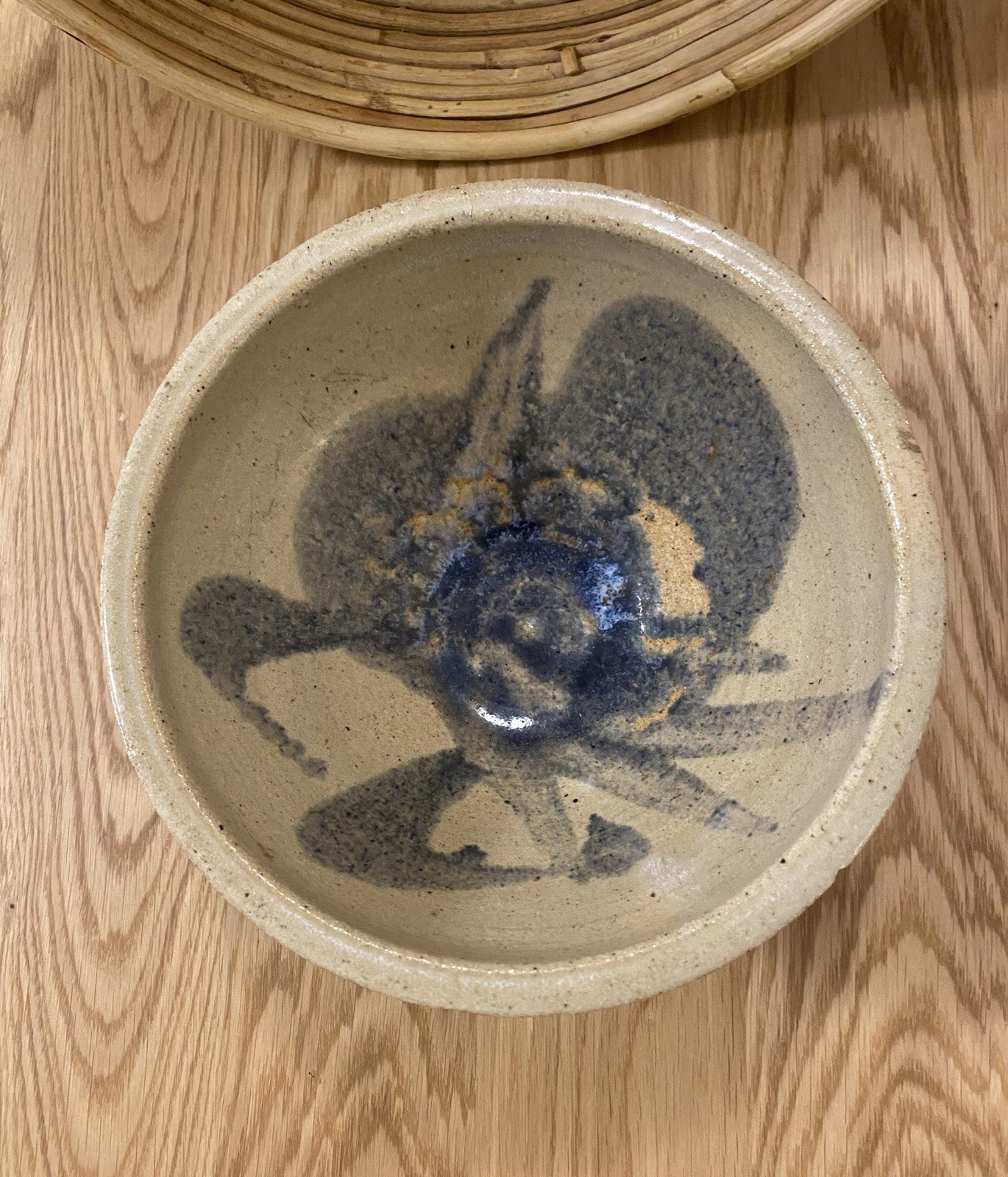 Stoneware Pottery Bowl Blue,Gray,And Tan 7.5”Diameter 3.75” Tall