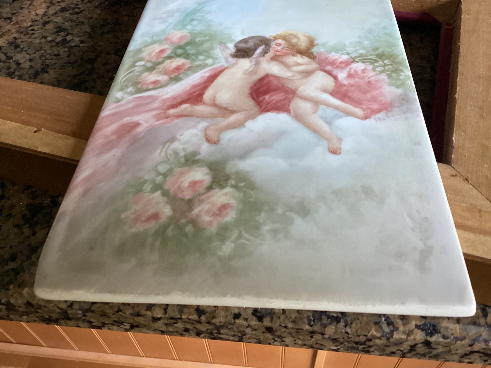 Antique 14×6” T&V Limoges HandPainted Porcelain Tile Plaque Artist Signed Cherub