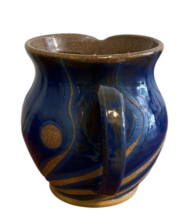 Vintage Hand Thrown Pottery Pitcher Vase Blue Tan Glazed Studio Art Signed OOAK