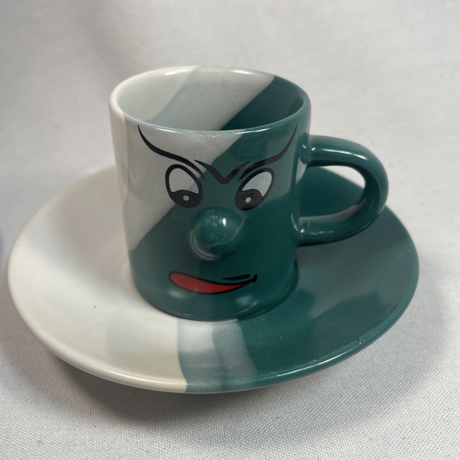 Funny Face Espresso Demitasse Coffee Mugs~Matching Saucers Ceramic 2.25” Kitschy