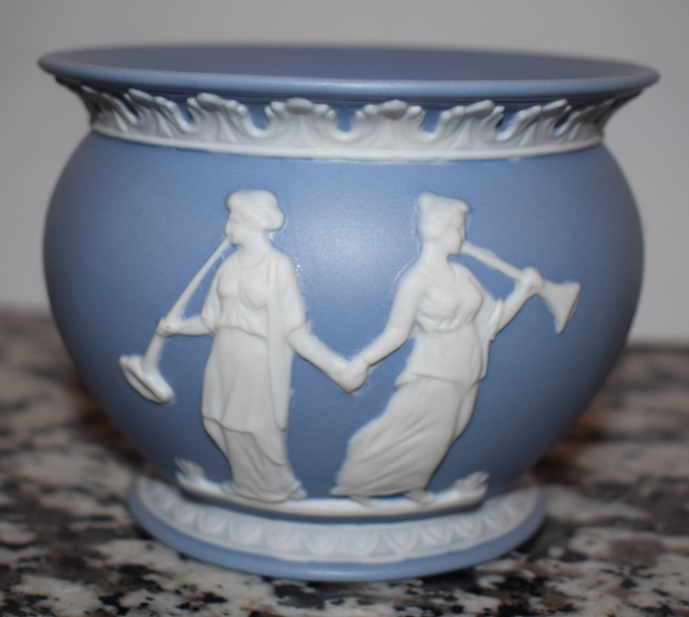 Blue Jasperware Cache Pot Planter Vase Neoclassical Vintage Japan