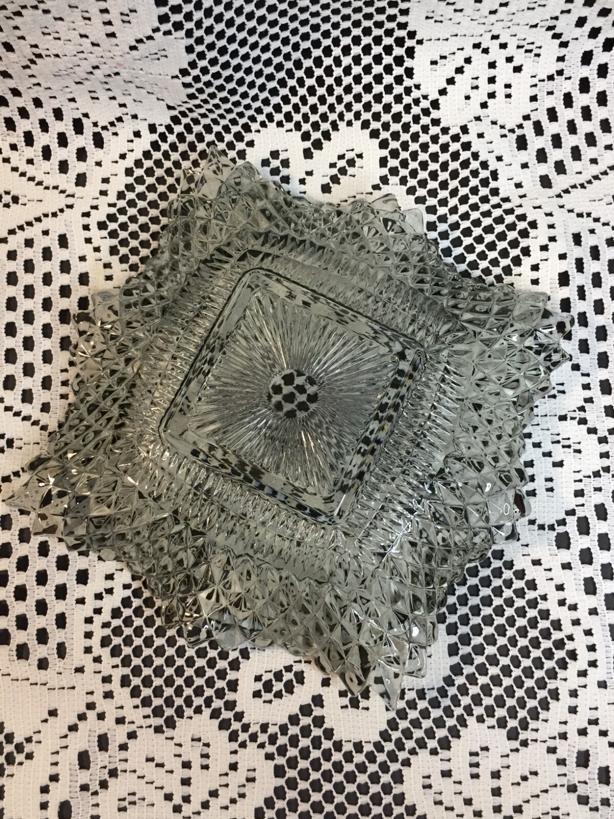 Light Gray Clear Glass Candy Bowl Square Serving Dish with Pointy Edges Vintage