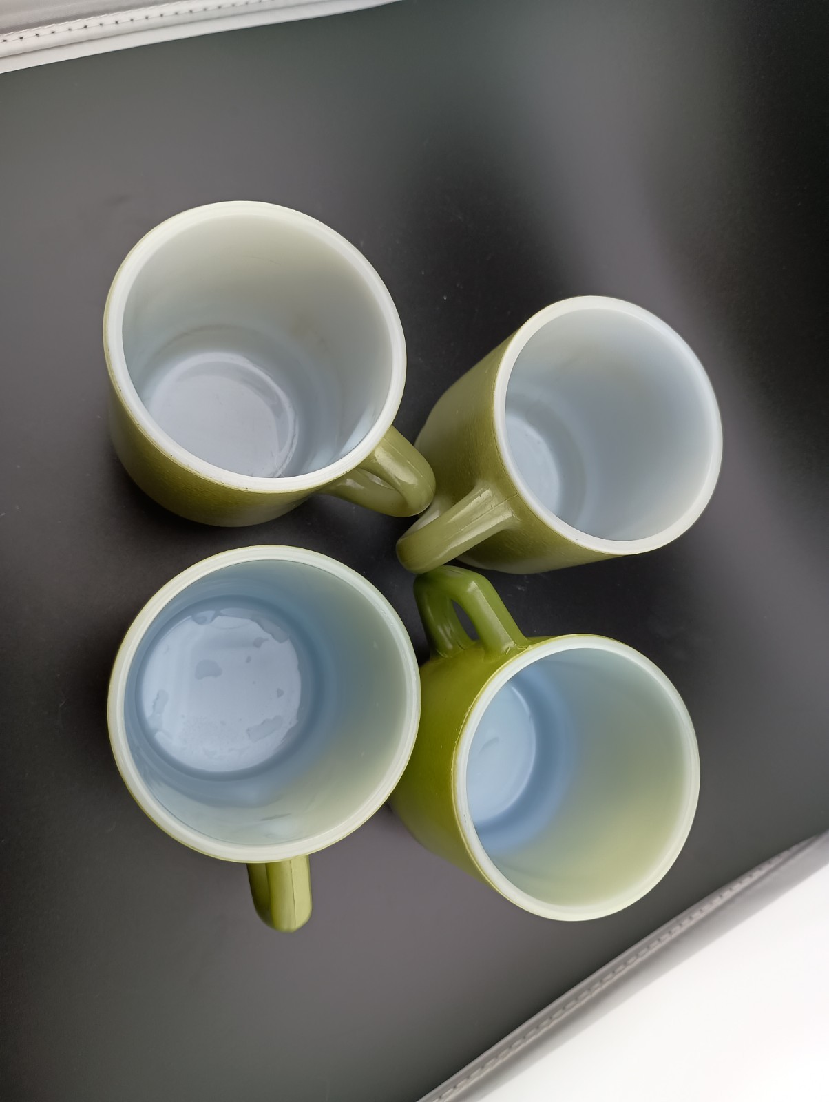 4 Olive Green Fire King Glass Coffee Tea Mugs Stackable 2 w Black 1970s Style
