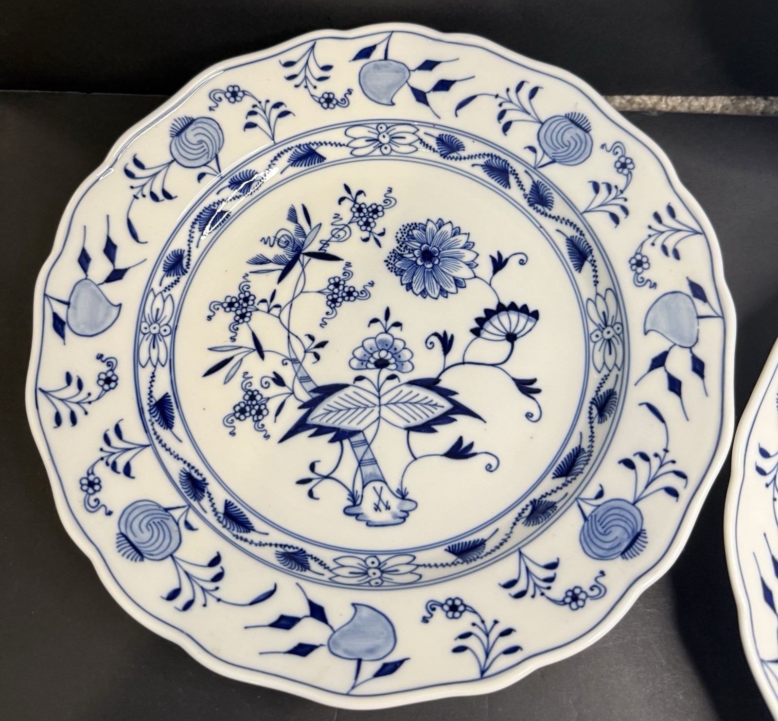 Antique Meissen Blue Onion Dinner Plates Set Blue White Rimmed Sword Backstamp