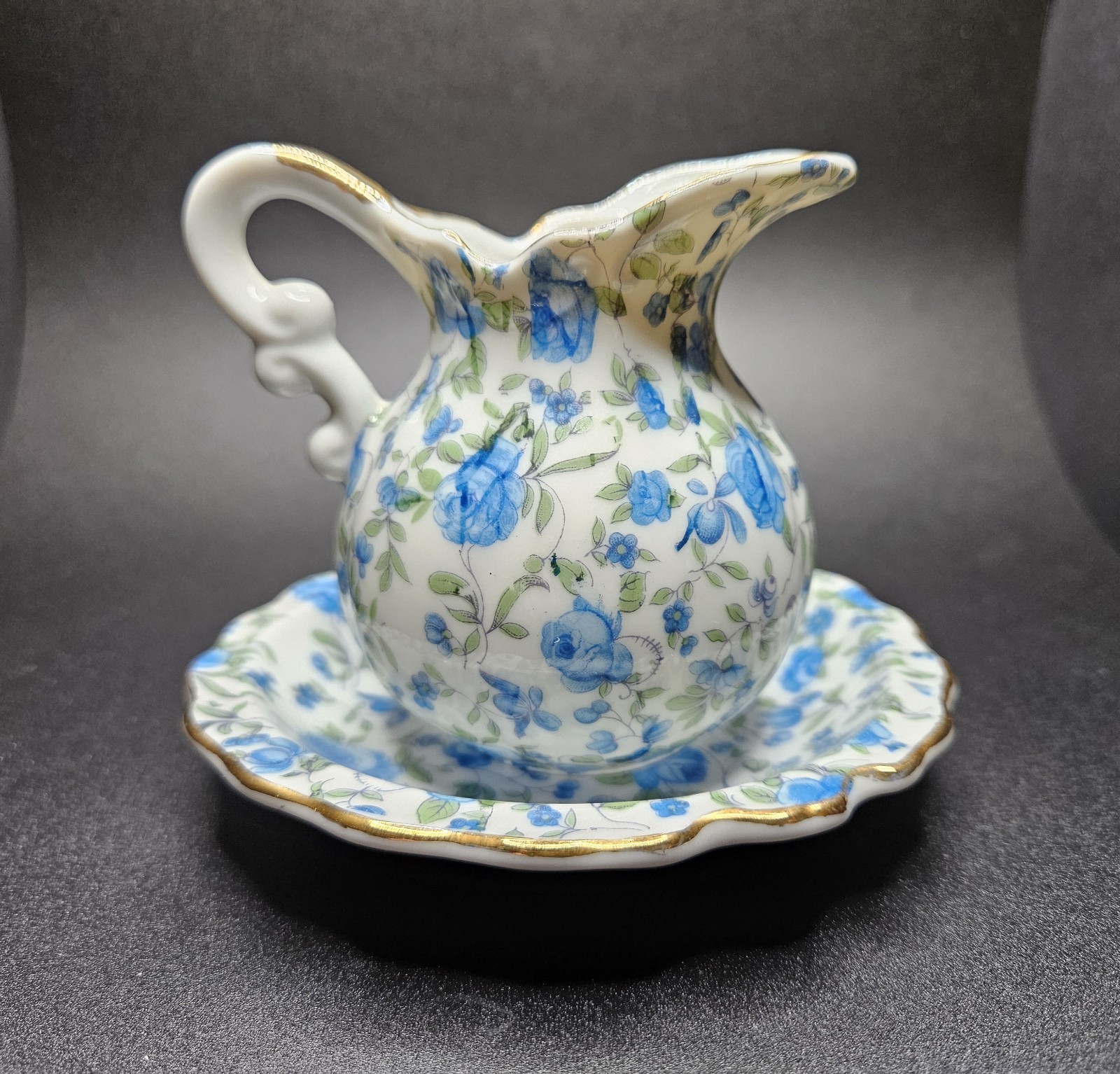 Vintage Royal Chintz Arnart 5th Ave Blue Roses Pitcher Creamer and Saucer #217