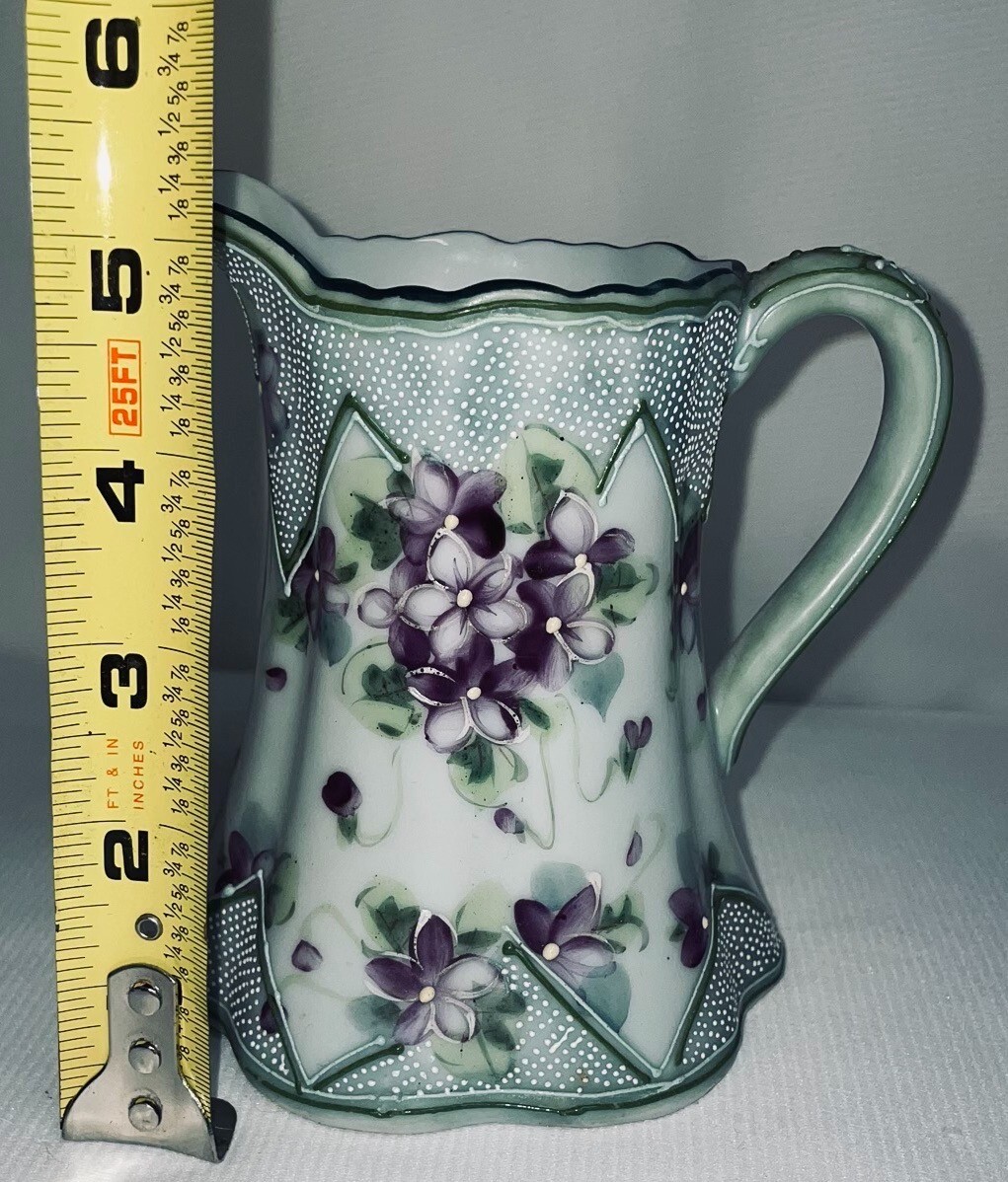 Porcelain Hand Painted Beaded Creamer 1800’s. 5 1/2 Inches High
