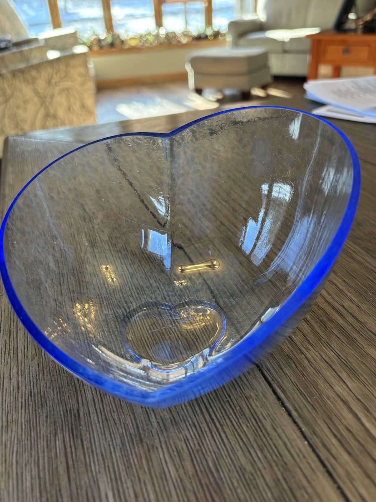 Kosta Boda Blue Heart Glass Bowl Asymmetrical Signed K Engman 6 1/4″ x 4″