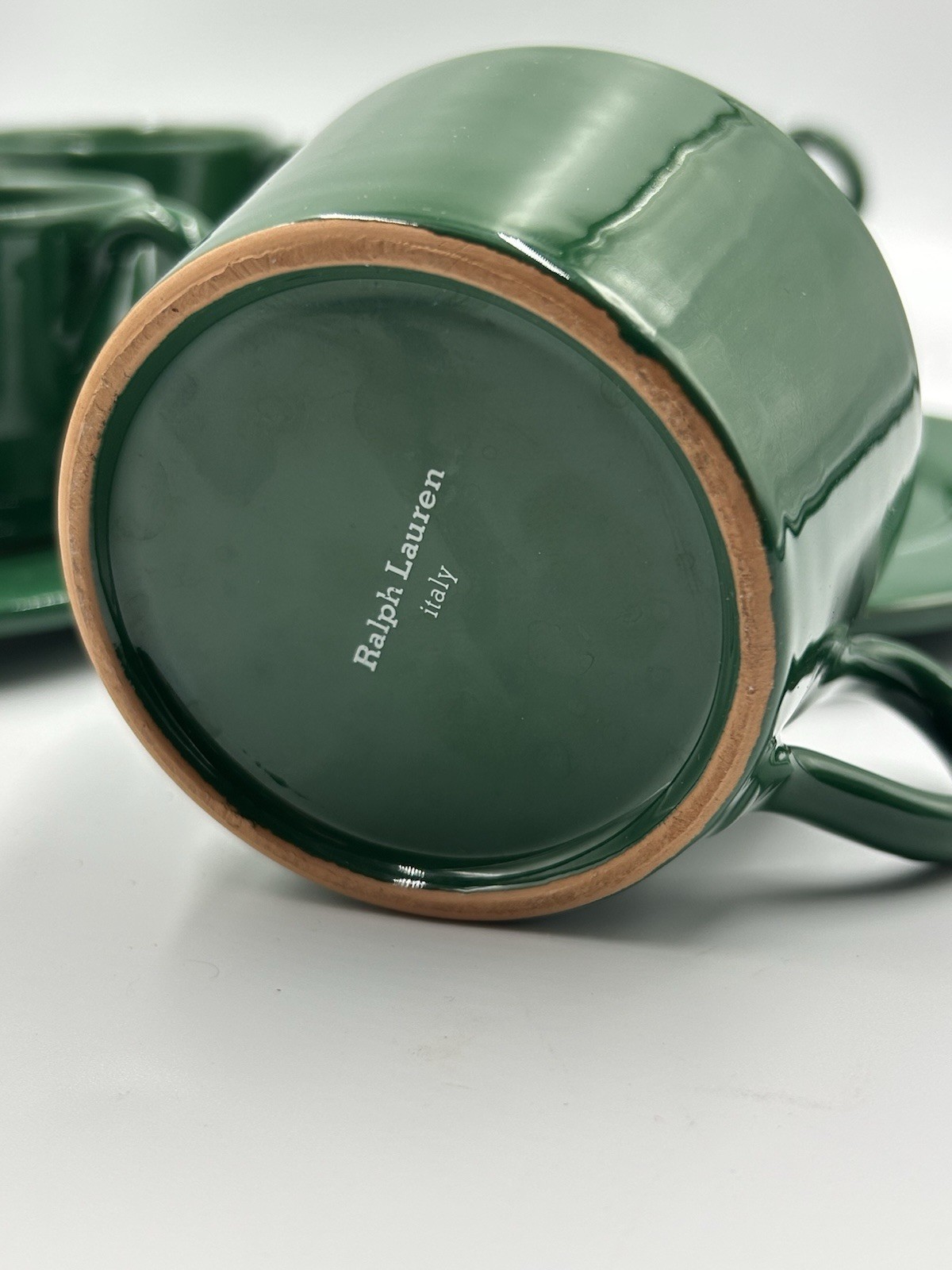 Vintage Ralph Lauren Italy Hunter Green Pottery Tea Cups & Saucers Set 4 Italy