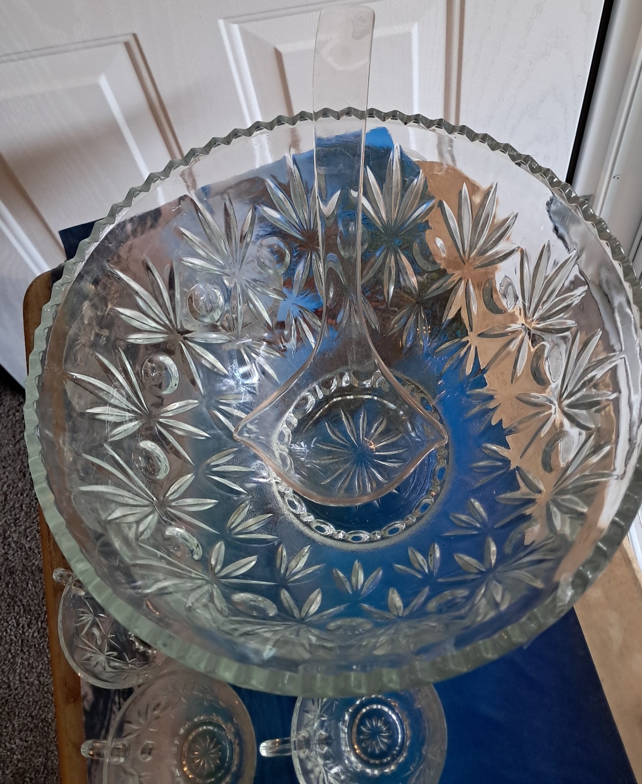 Crystal Punch Bowl Set With 6 Cups & Laddle