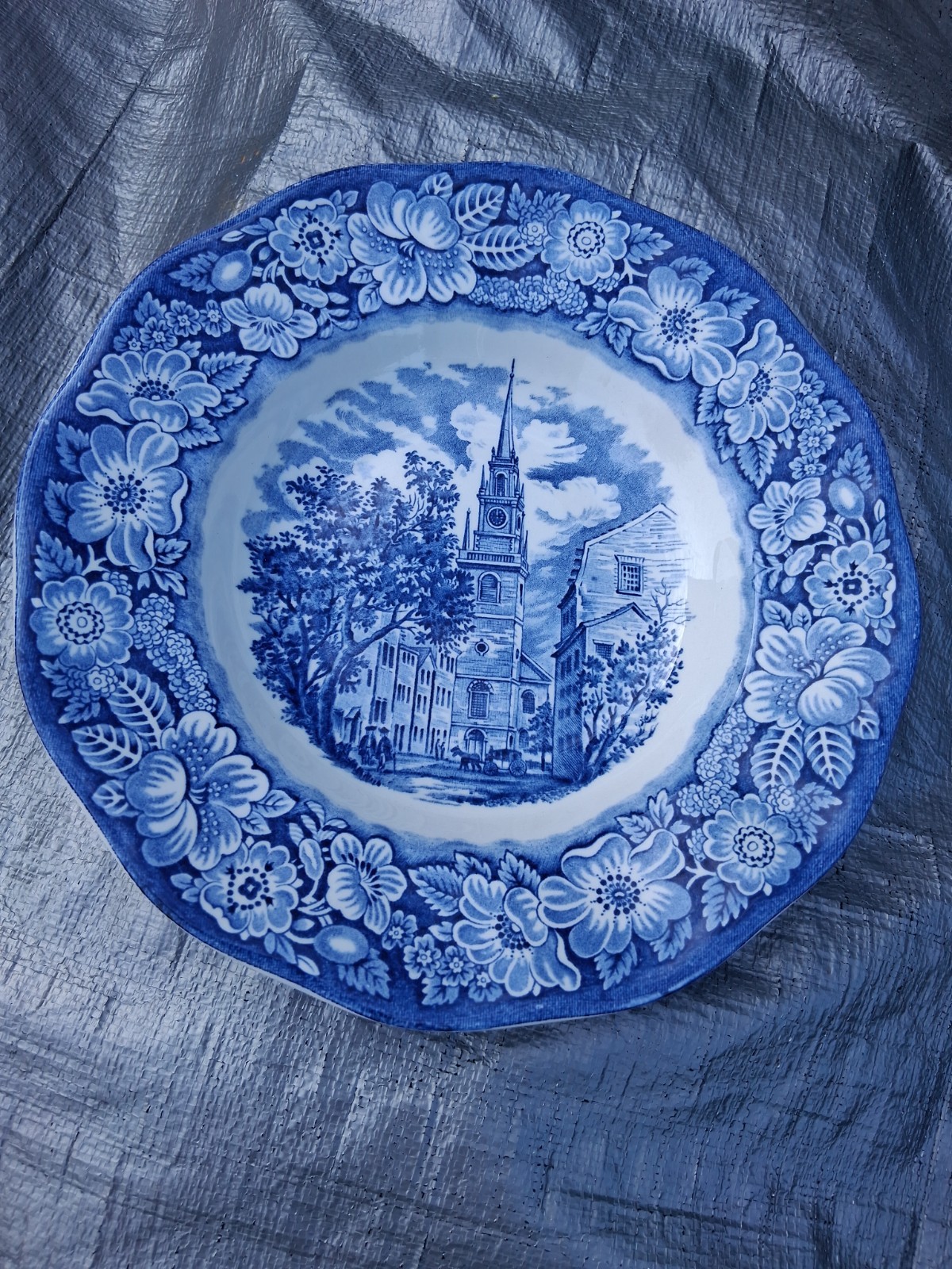 6 New Staffordshire Liberty Blue 8 3/4” Scalloped Rimmed Soup Bowls Ironstone