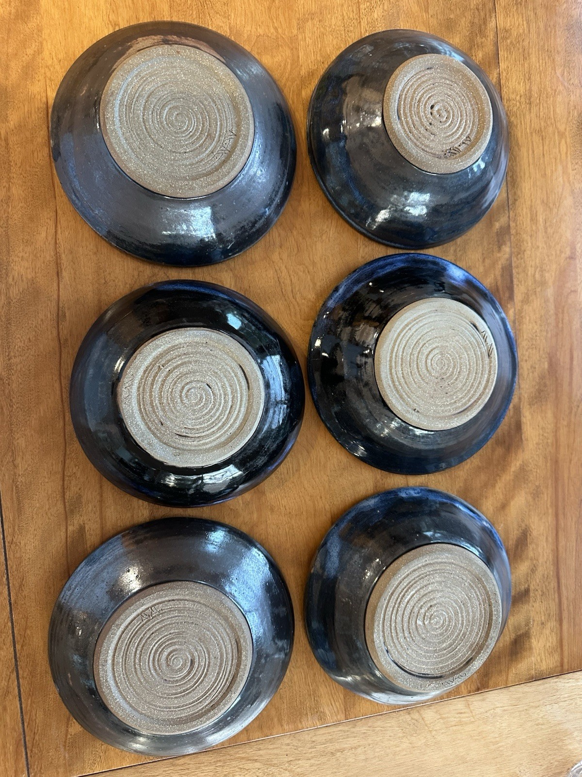 Set 6 Signed Hand Thrown Stoneware Blue Glaze Pottery Bowls 8” Approximately