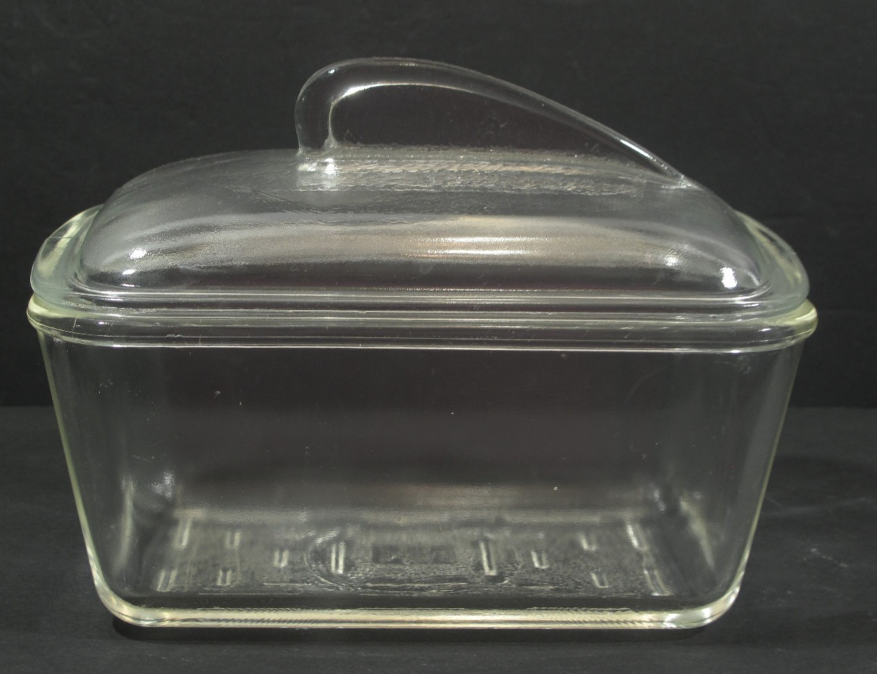 VTG Glasbake With Fin Lid~Clear Refrigerator Dish Made In USA 8 x 5 x 5.5 in