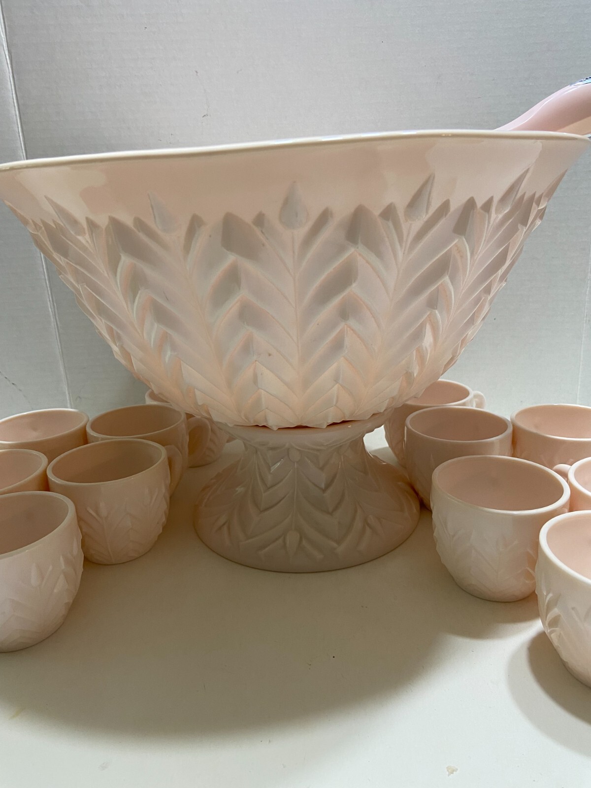 Jeannette Shell Pink Milk Glass Punch Bowl Set with Base and 12 cups Vtg 1950’s