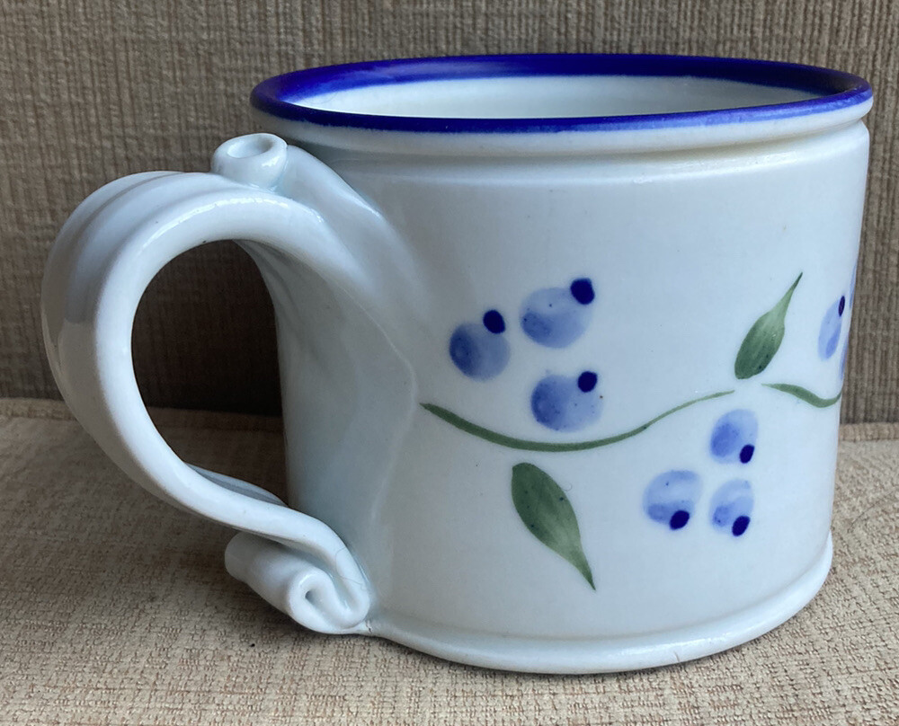 Vintage 1990 Sturgeon River Pottery SRP Signed Mug Coffee Cup Plant Blue Berries