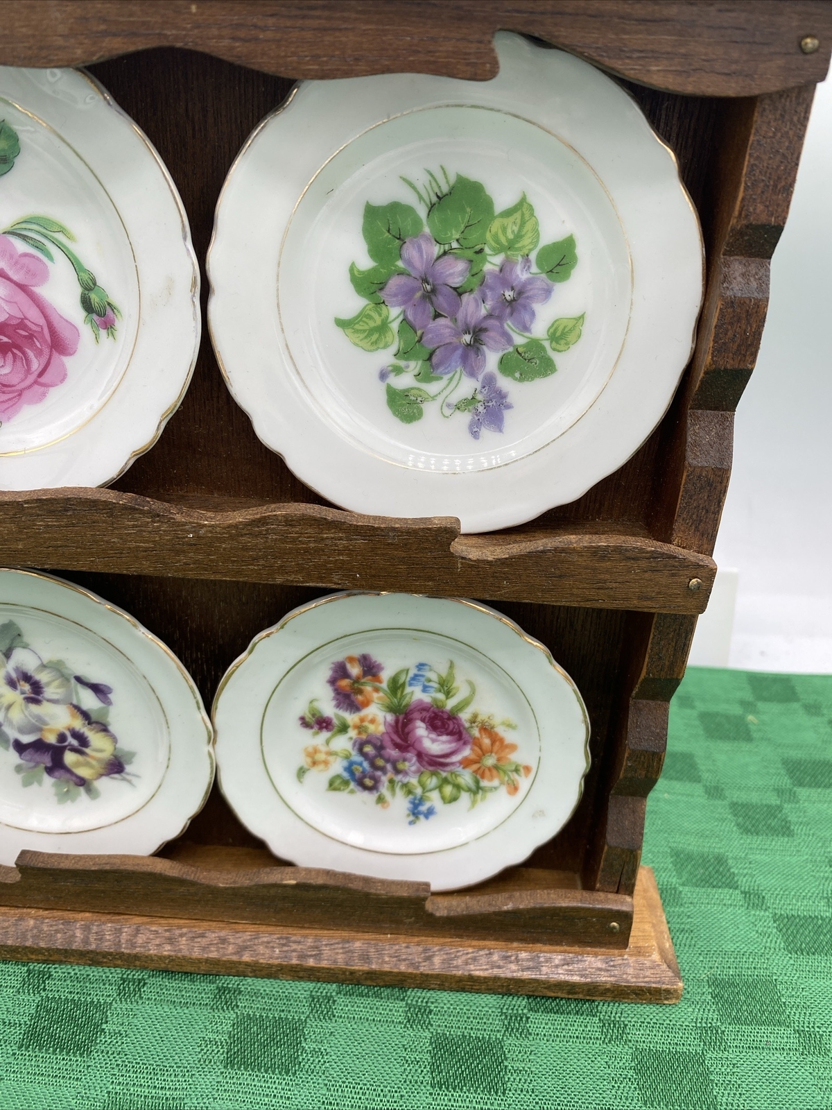 Wooden Wall Ornament Antique Porcelain Plates(4) 8.5”X 8.5”