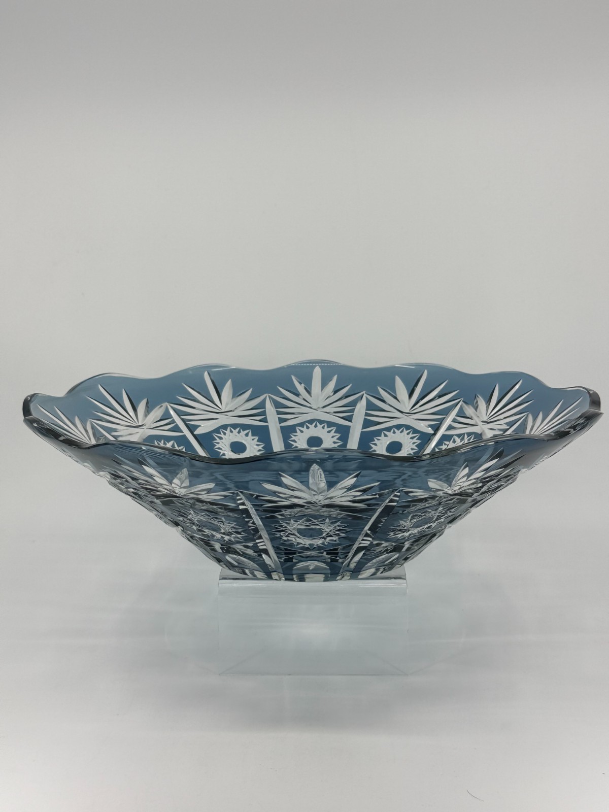 1950s Vintage Bohemian Lead Crystal Glass Cut To Clear Cobalt Blue Bowl 13″W