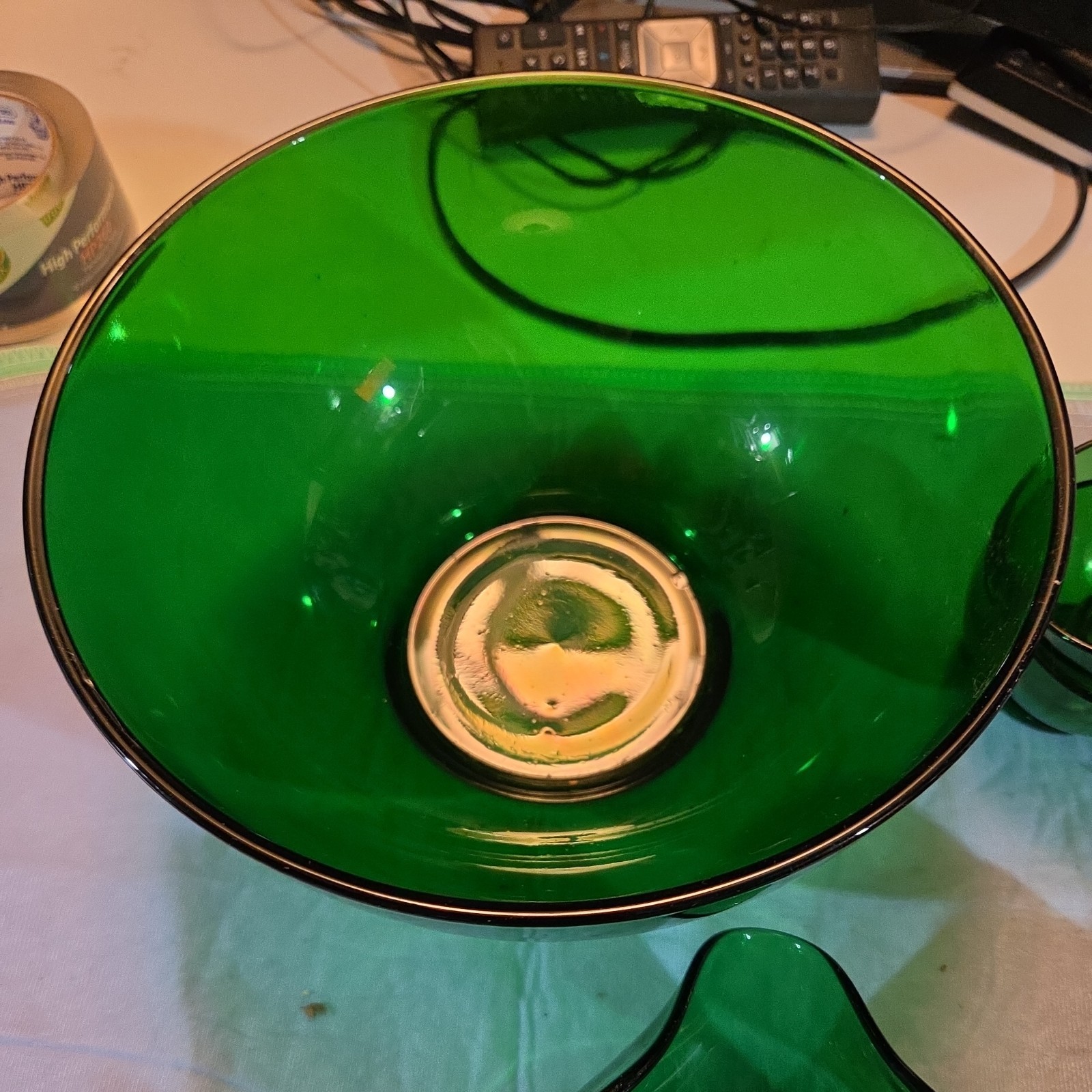 Vintage Anchor Hocking Emerald Green Punch Bowl Set With 12 Cups