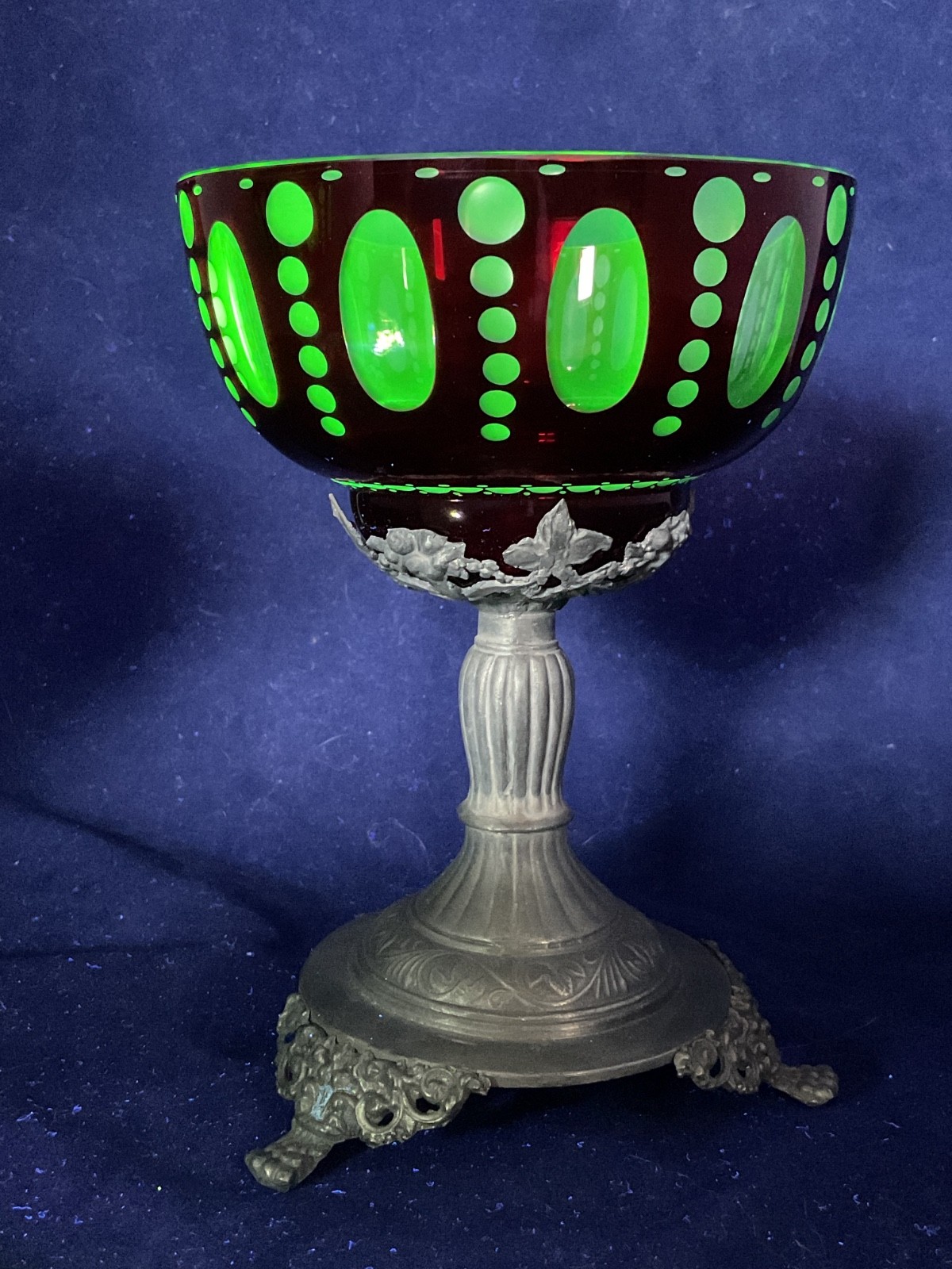 uranium vaseline glass Egermann hand cut and engraved bowl on pewter base
