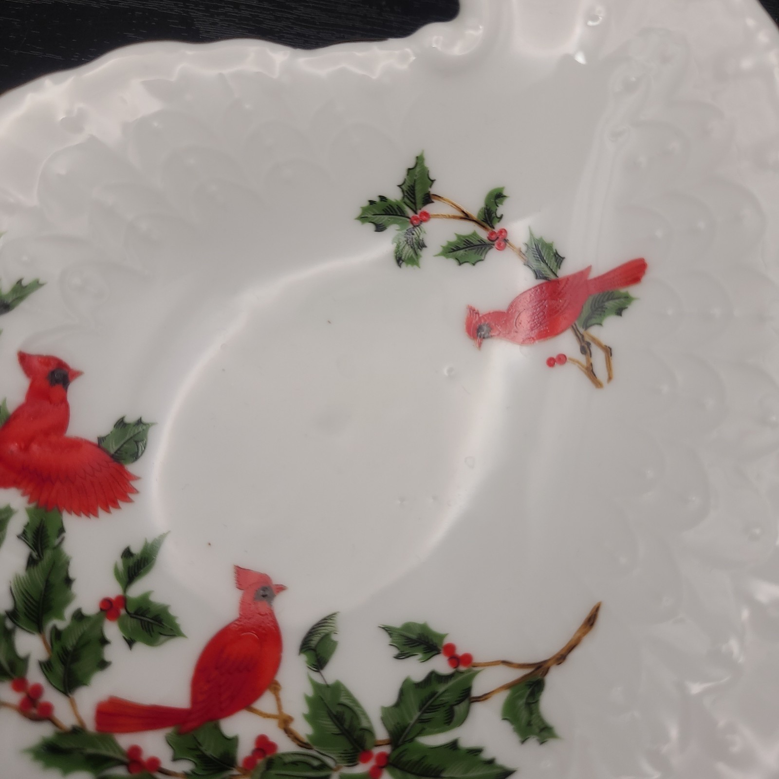 Vintage 1988 Lefton Bone China Red Cardinals & Holly Trinket Dish