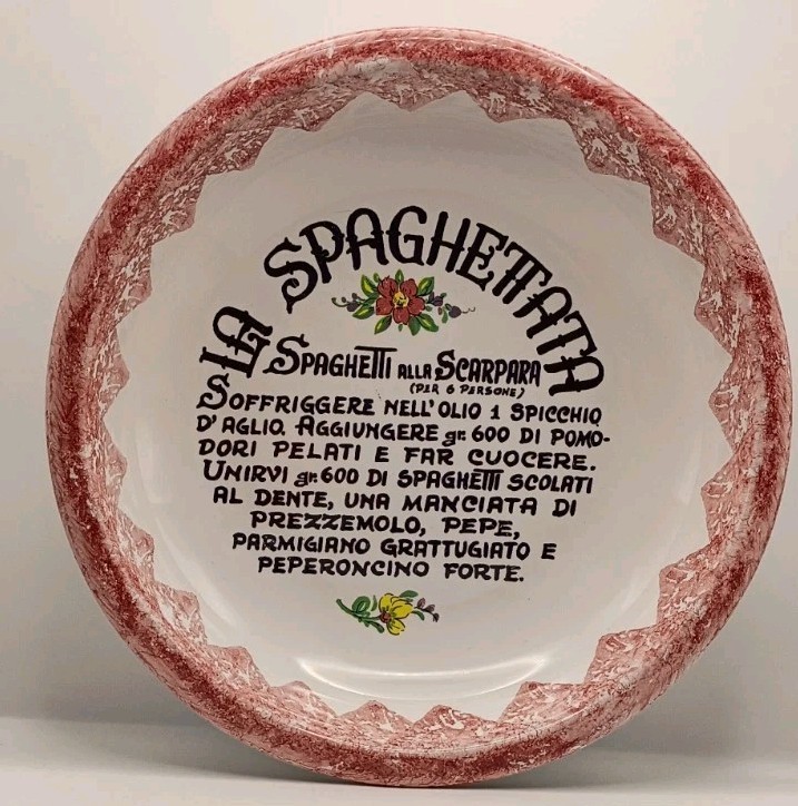 Vtg. Pisapia Italy Ceramic La Spaghettata Scarpara Recipe Bowl Red Sponge Paint