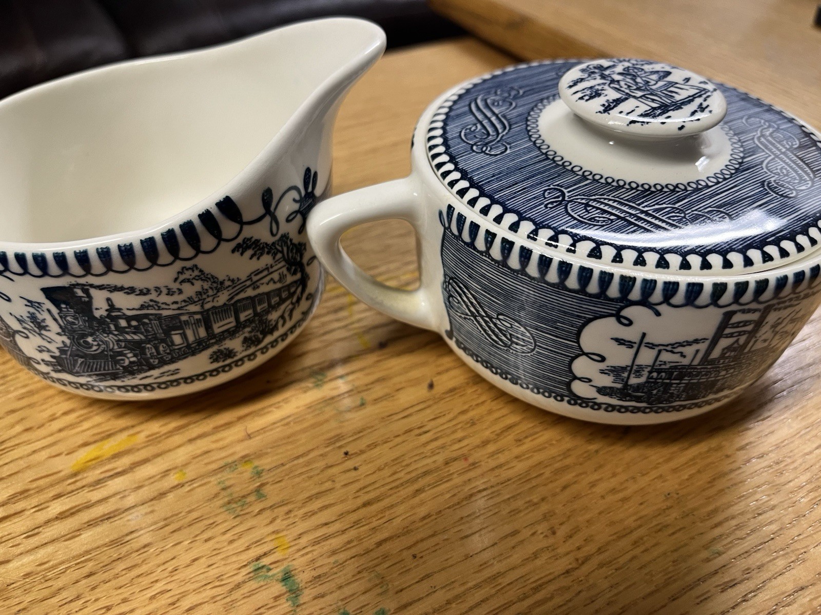 Currier Ives Royal China Blue & White Creamer and Sugar with Lid Set Excellent