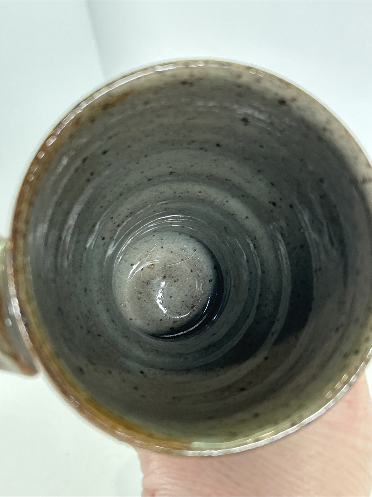 Studio Art Pottery Mug Gray Beige Blue Spotted Signed SRF 5”