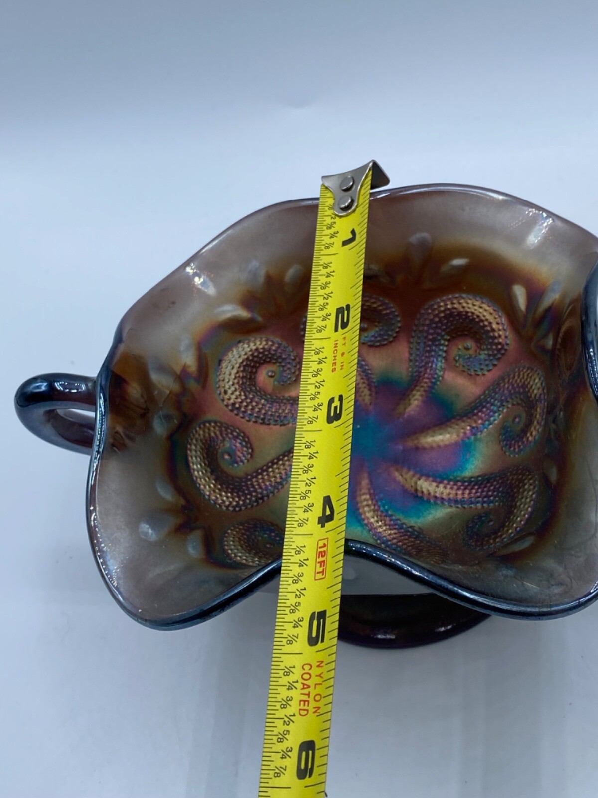 Vintage Amethyst Carnival Glass Two Handled Footed Bonbon Dish 4.5″