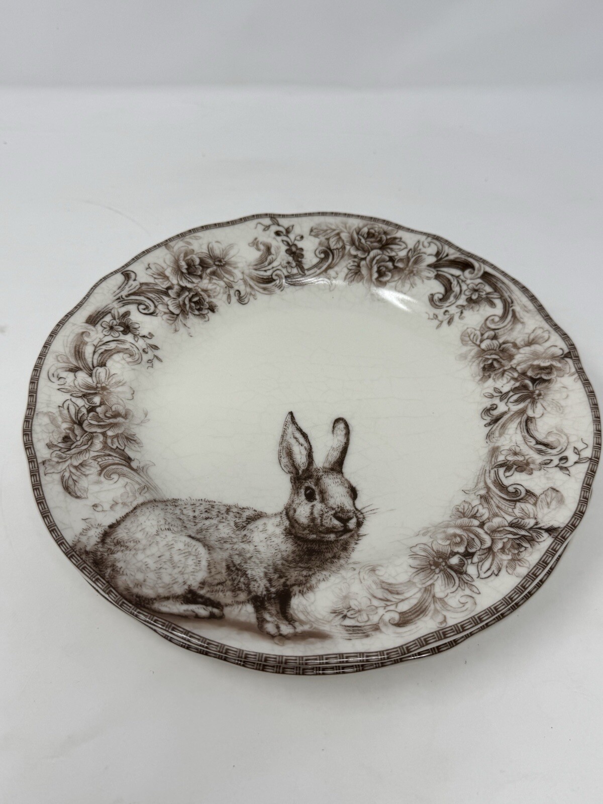 2 222 Fifth Bunny Arabella Brown & White Porcelain Salad Plates 8.5” Easter