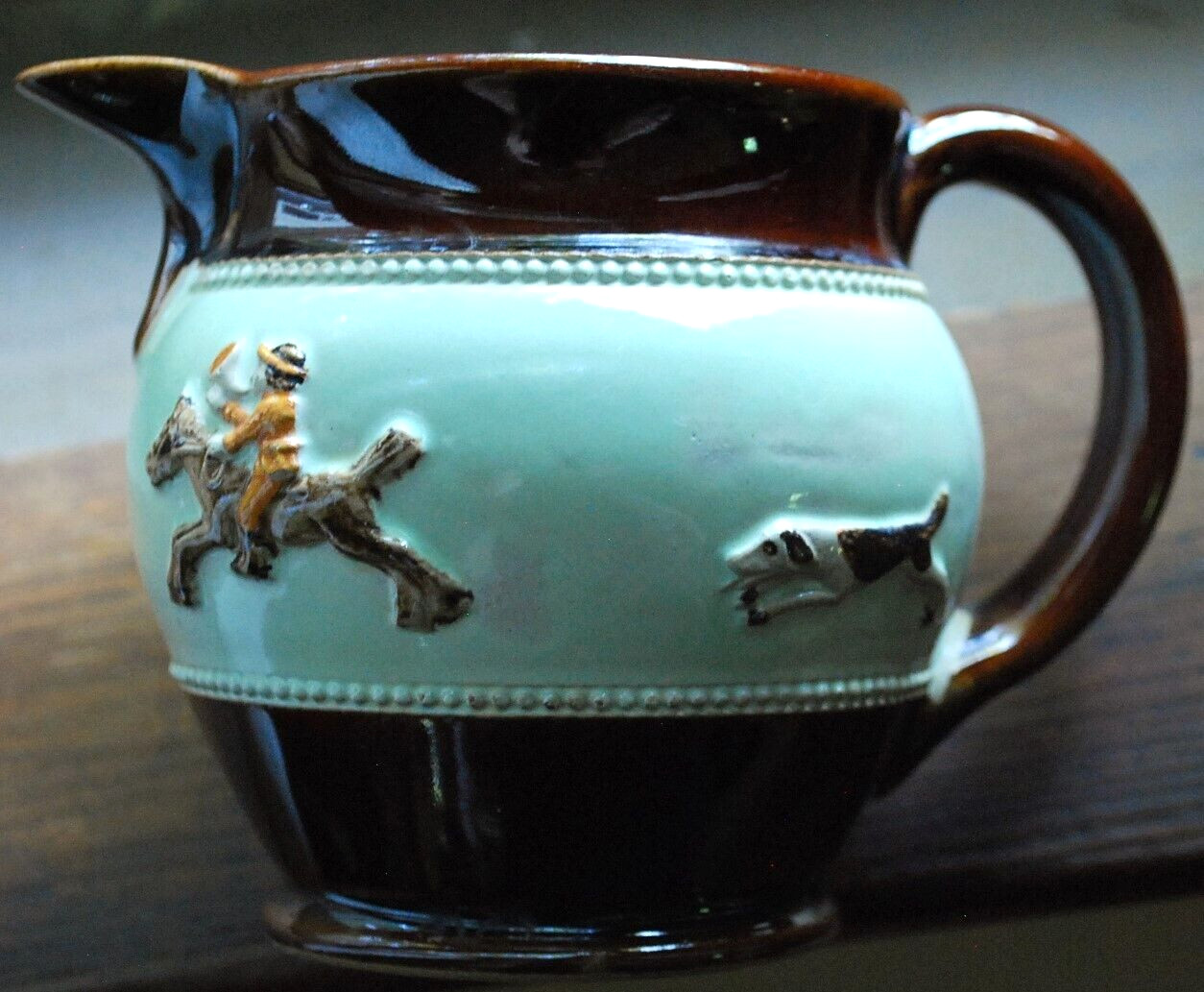 Vtg 1930’S BOURNE DENBY DERBY POTTERY FOX HUNT Creamer/Pitcher England 4″ Glazed