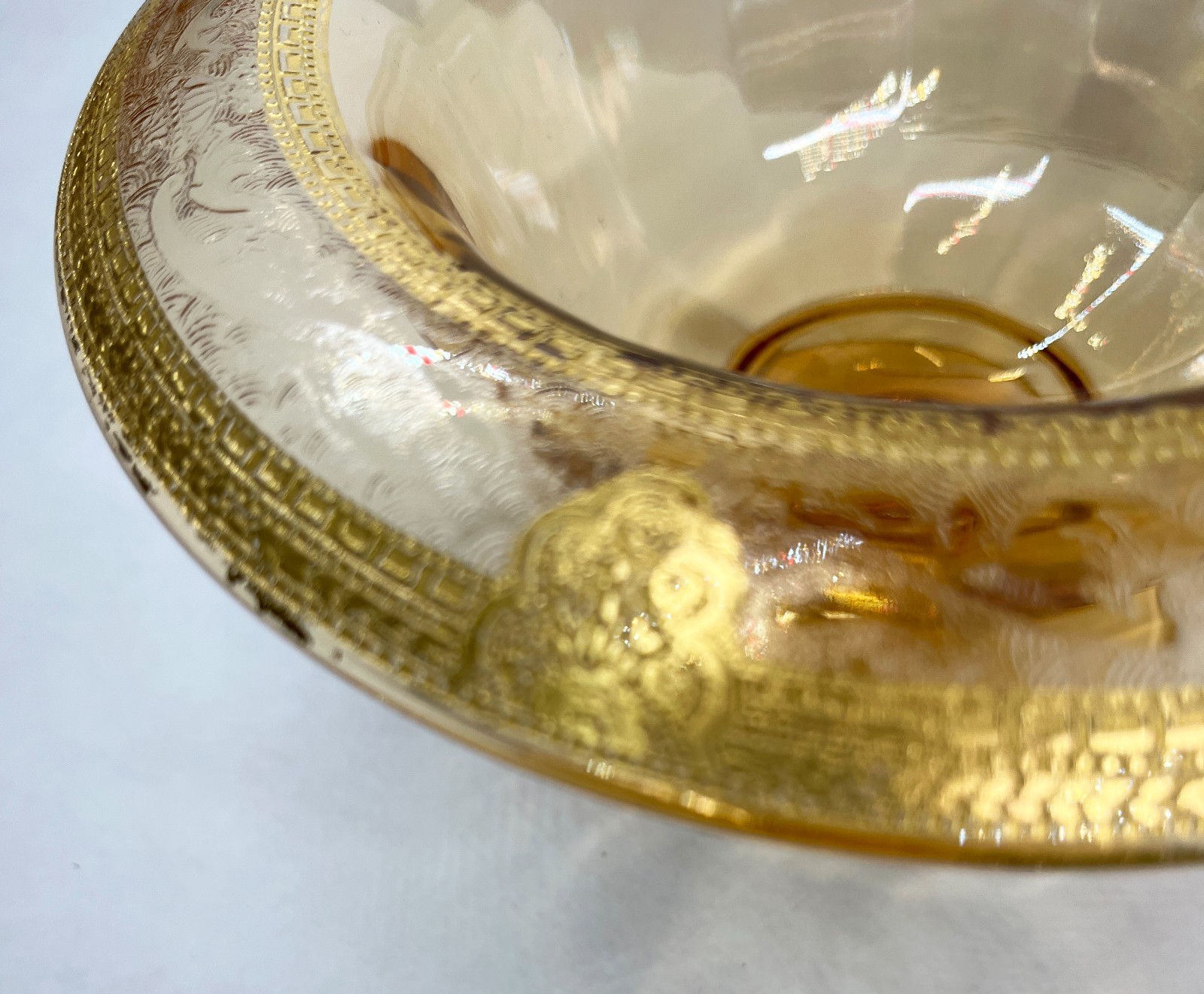 Vintage Amber Glass Pedestal Compote with Rolled Gold Decorative Rim