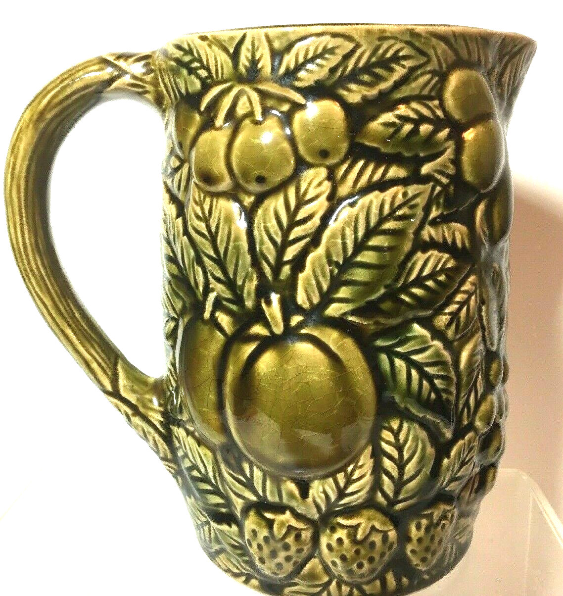 Vintage Ceramic Pitcher With Fruit and Leaves Japan Made, Cottagecore 7 inch