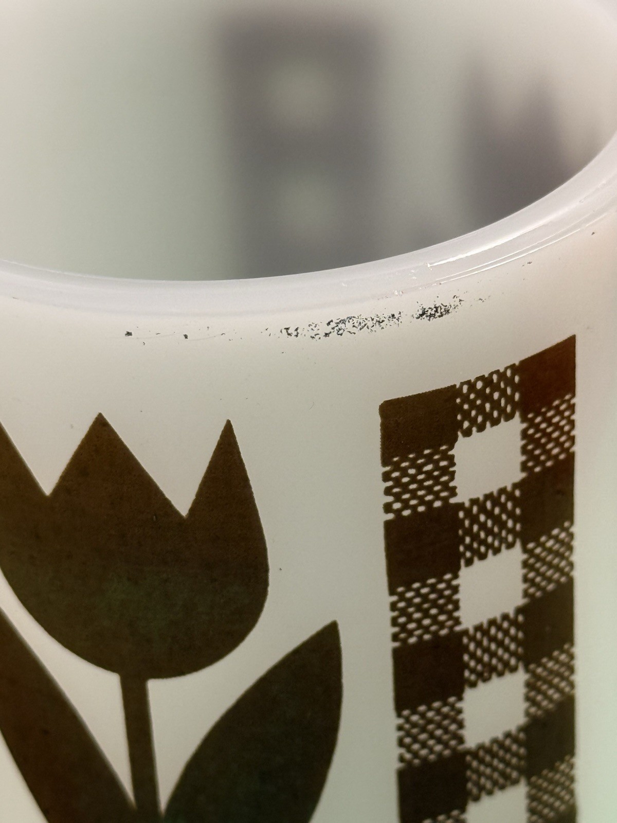 Vintage Glasbake Brown Tulip & Gingham Coffee Cup Mug 2 available 9-10 oz