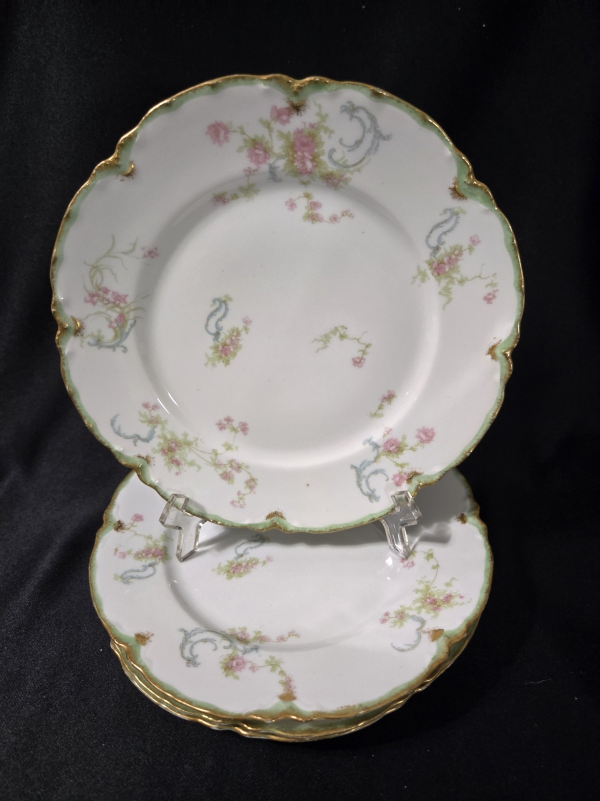 MINT ANTIQUE Haviland Schleiger 57H Limoges Roses Blue Ribbons 4 Salad Plates