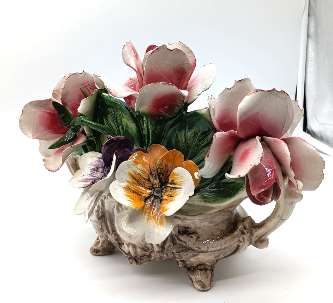 Vtg Capodimonte Centerpiece Floral Ceramic Flowers Basket Art Italy Glazed