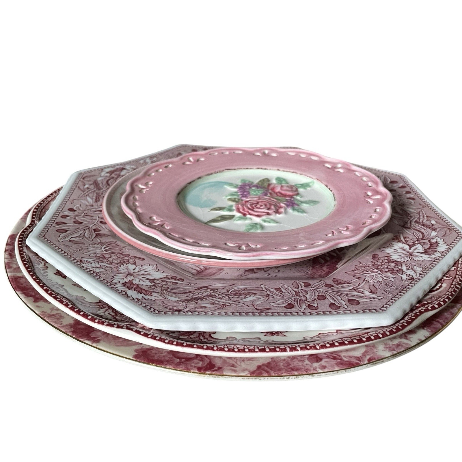 Collection of 5 Pink and White Plates Wall Collage Display Wreath Wall Decor
