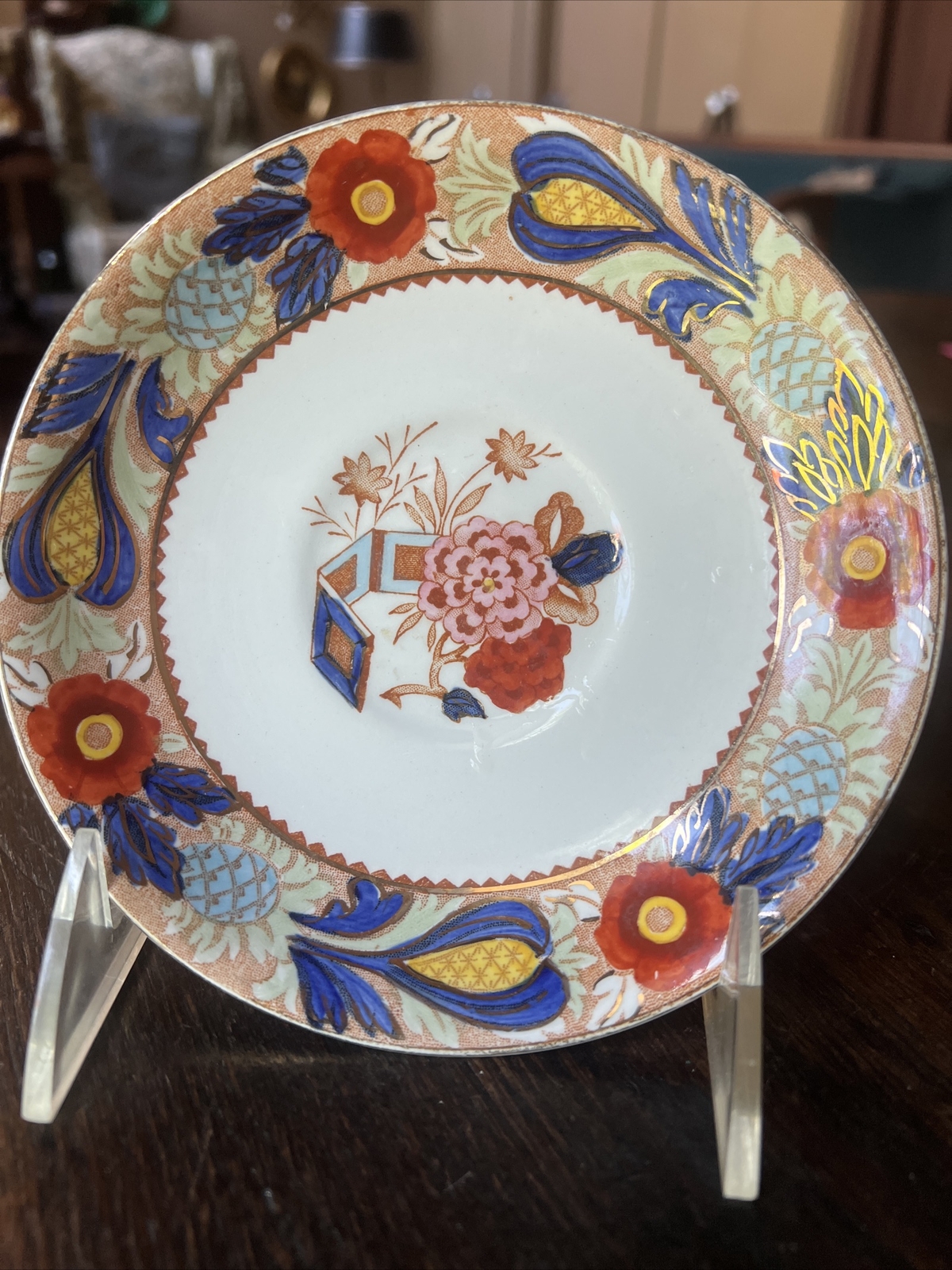 Vintage Wood Sons WINCANTON 3 Saucers Blue Rust gold trim Woods Ware