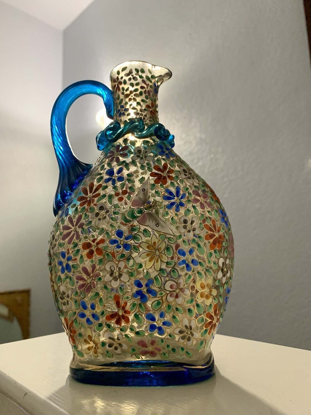 Vintage Rare Moser Hand Painted Multicolor Floral Art Glass Pitcher with Handle