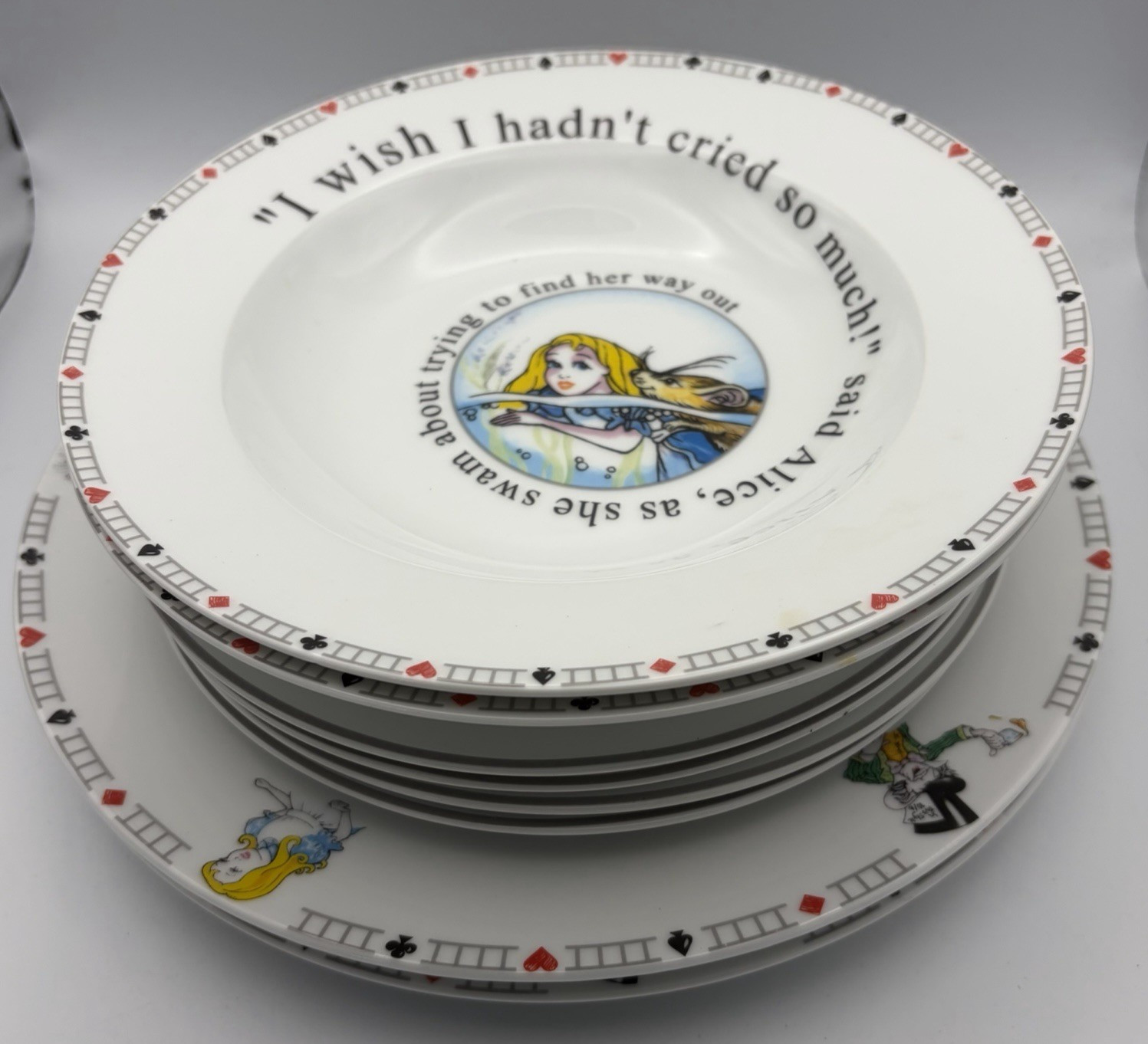 Paul Cardew Alice in Wonderland Cafe 2 Dinner 4 Salad Plate 2 Wide Rim Bowl 2010