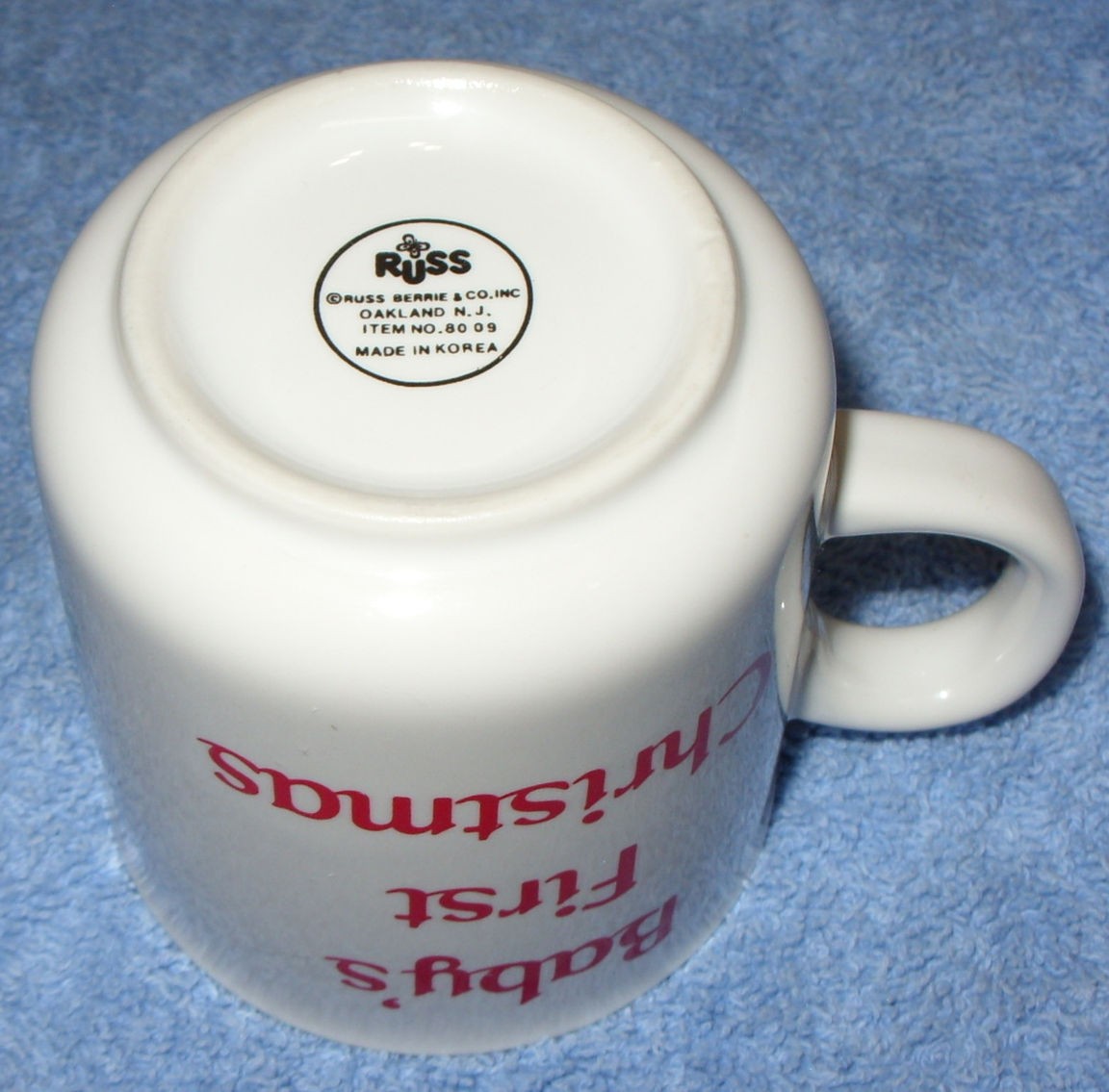 RUSS BERRIE & CO. BABY’S FIRST CHRISTMAS, CERAMIC CUP, NO. 8009, ca 1980’s