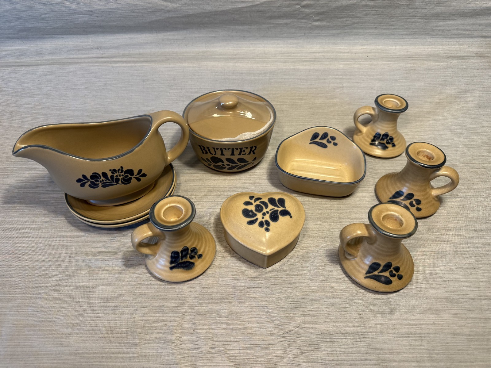 Pfaltzgraff Folk Art Stoneware Lot Gravy Boat Butter Dish Candlesticks 8pc