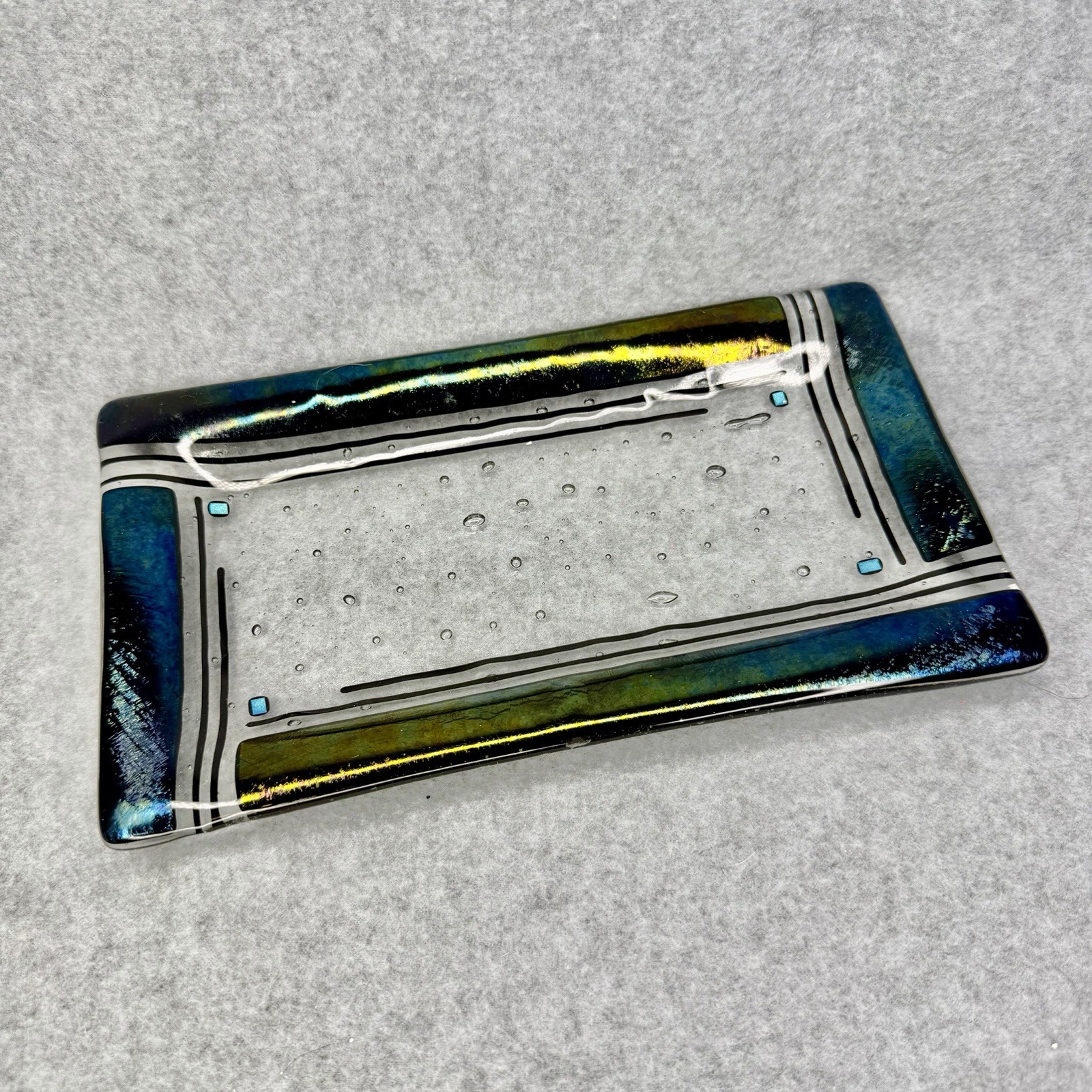 Vintage Jeri Goodman Signed 1997 Glass Blue Rectangle Trinket Dish Bubbles 9″