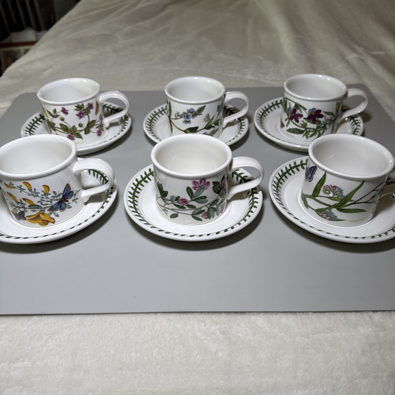 Portmeirion Botanic Garden Set of 6 Flat Cups & Saucers Made in England Assorted
